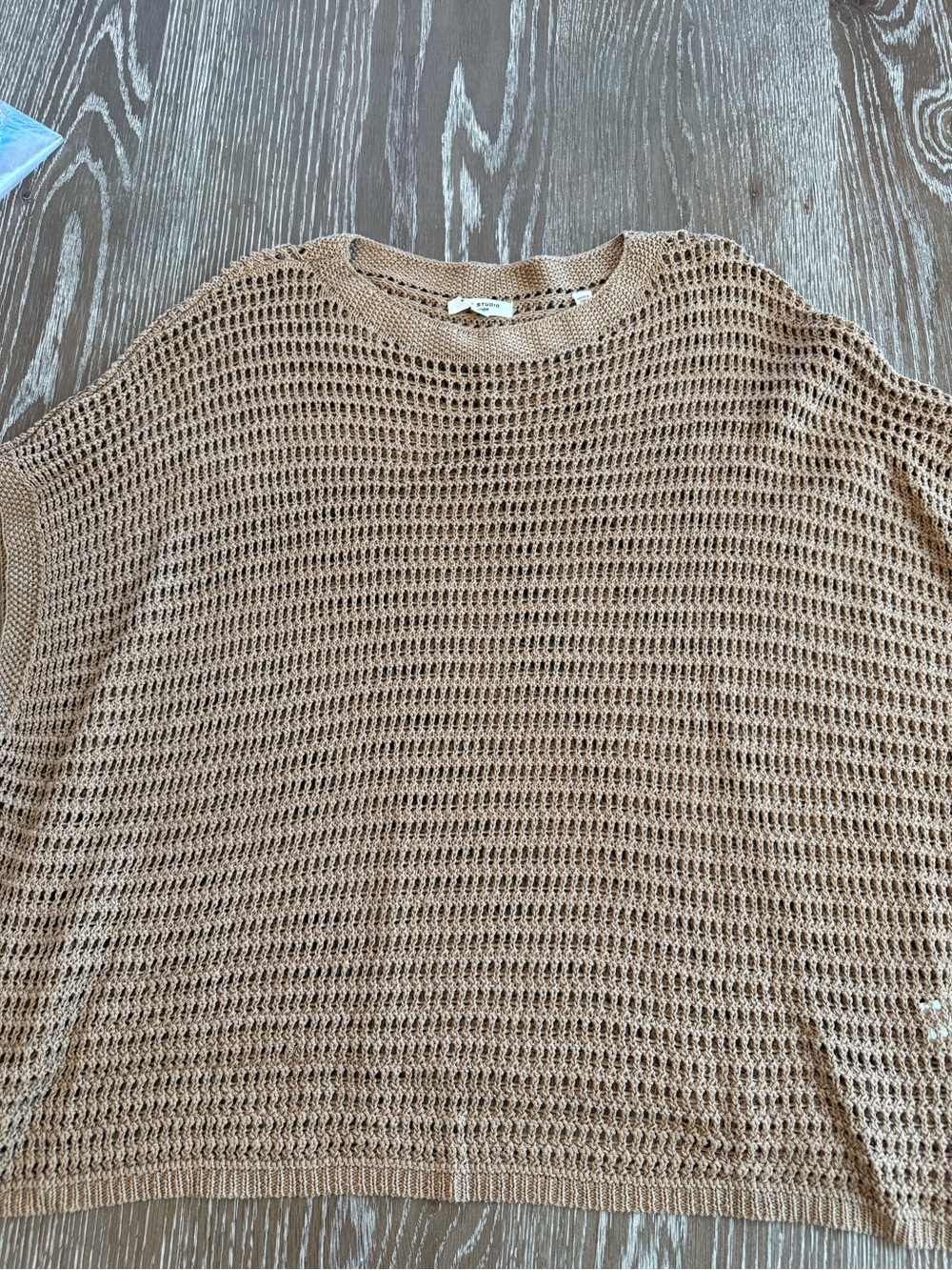 Max Studio Tan Open-Weave Crochet Crewneck Sweater